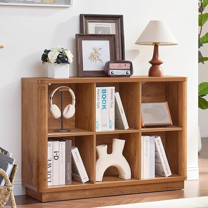 6 Cube Storage Book Shelf, 40" Wide Low Horizontal Bookcase with Curved Edge, Floor Standing 2-Ti... | Amazon (US)