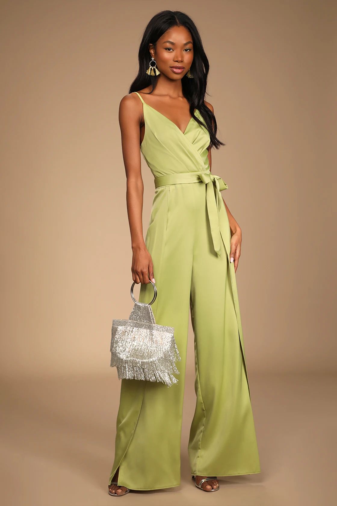 Classy Night Out Lime Green Satin Slit Leg Jumpsuit | Lulus (US)