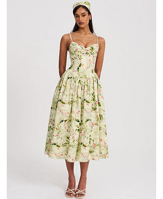 Women's Jacinda Green Floral Print Ruched Breast Linen Midi Dress | Macy's