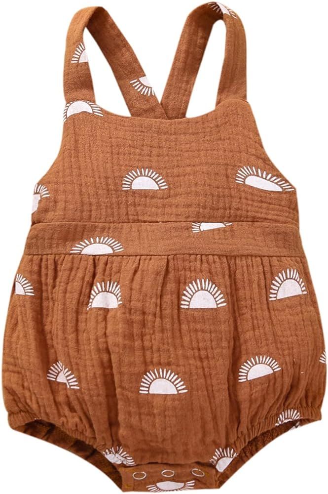 Newborn Girls Romper Jumpsuit Sun Print Sleeveless Cross Back Hairband One-Pieces Bodysuits Baby ... | Amazon (US)
