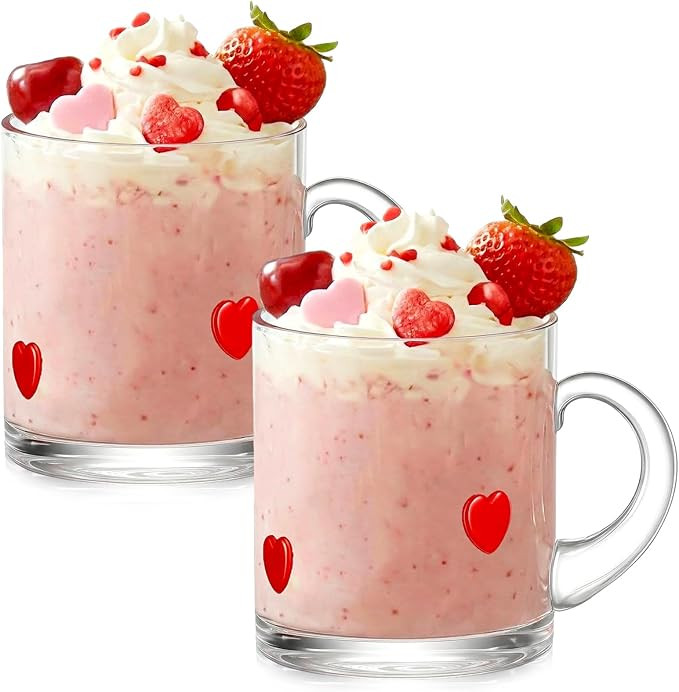 2 Pcs Valentine's Day Icon Glass Cups 14oz Heart Icon Mugs with Handle Clear Drinking Glasses Dou... | Amazon (US)
