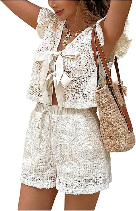 SOLY HUX Women's Summer Vacation Short Set 2 Piece Outfit Tie Front Ruffle Crop Top and Shorts Be... | Amazon (US)