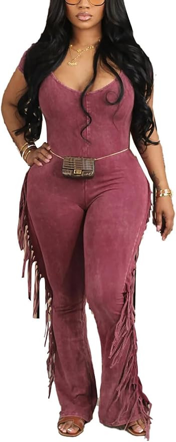 WOKANSE Women's Sexy Solid Bodycon V Neck Fringe Short Sleeve Bell Bottom Long Pants Jumpsuit Rom... | Amazon (US)