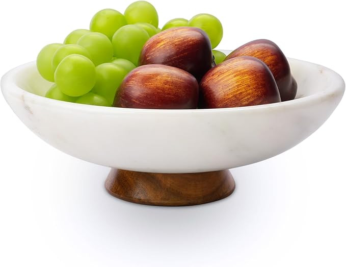 SAMAH White Marble Fruit Bowl with Acacia Wood Pedestal, Large Decorative Footed Bowl, Natural St... | Amazon (US)