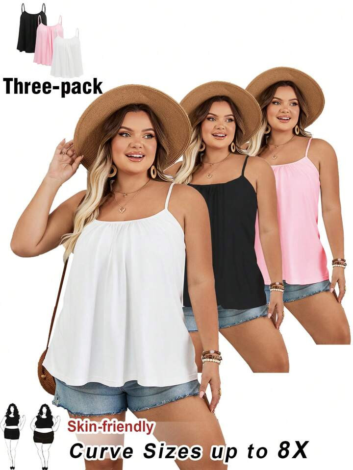 SHEIN CURVE+ 3pcs Plus Size Women Pleated Adjustable Strap Camisole Camisole, Loose Fit, Suitable For Spring/Summer,Curve Plus ,Hoho Vacation | SHEIN