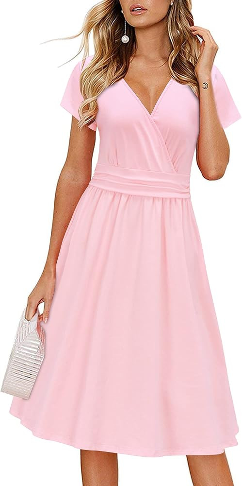 OUGES Women's Summer Short Sleeve V-Neck Floral Short Party Dress with Pockets | Amazon (US)