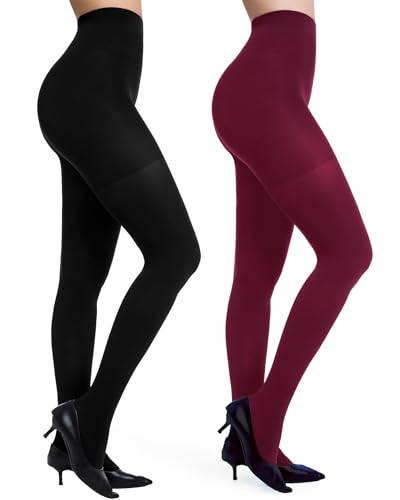Citystl 2 Pairs Women's Black Tights 60D, Solid Color Soft Opaque Microfiber Tights（Black/Burgandy-L） | Amazon (US)