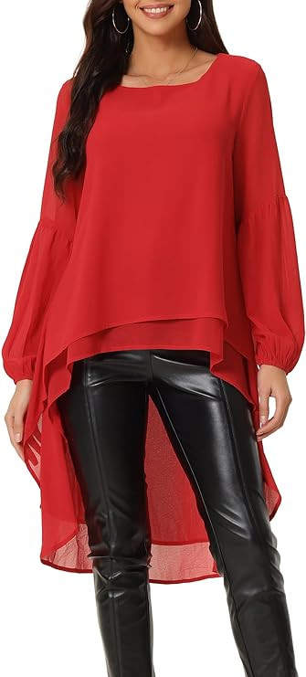 Seta T Women's High Low Tops Lantern Long Sleeve Round Neck Dressy Casual Chiffon Asymmetrical To... | Amazon (US)