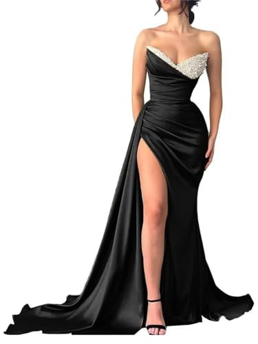 V-Neck Prom Dresses 2026 Strapless Mermaid Sequin Beaded Split Long Satin Ruched High Waist Formal Evening Party Gowns with Train Black 6 | Amazon (US)
