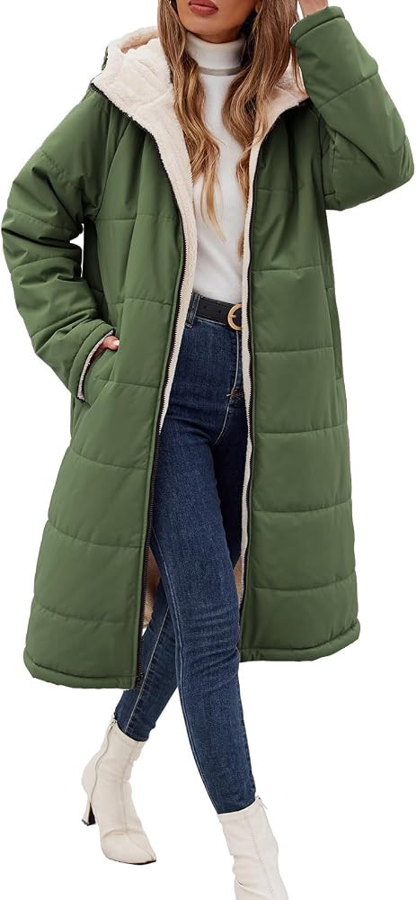 Long Womens Winter Coat Fleece Lined Coats Sherpa Quilted Puffer Jackets with Hood Zip Warm Thick... | Amazon (US)