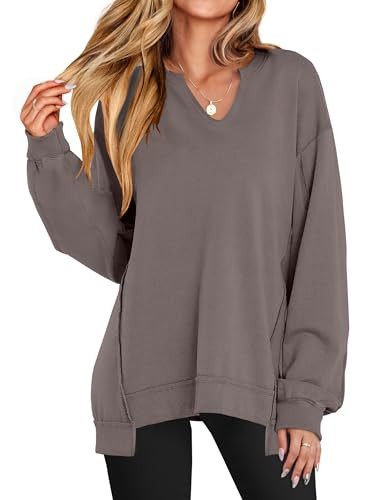 ANRABESS Women's Oversized Sweatshirts Long Sleeve Tunic Shirts V Neck Loose Pullover Tops 2025 Trendy Fall Teen Girls Outfit Light Brown S | Amazon (US)