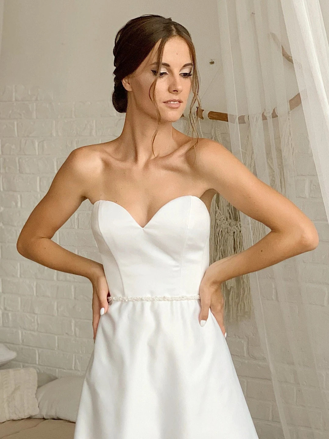 Slim Satin Wedding Sash, Thin Pearl Bridal Belt, Elegant Decorated Belt for Bride, Bridesmaid Sas... | Etsy (US)