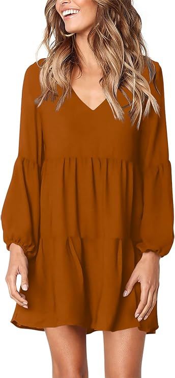 Amoretu Women Long Sleeve Tunic Dress V Neck Swing Shift Dresses(Brown,Large) at Amazon Women’s... | Amazon (US)