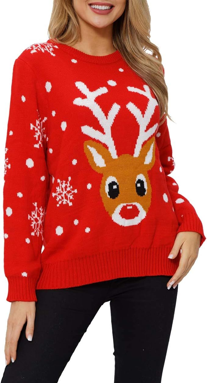 VENTELAN Women Christmas Pullover Sweater Cute Reindeer Jumper Knitted Funny Elk Snowflakes Xmas ... | Amazon (US)