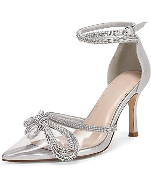 Coutgo Women's Clear Heels Closed Toe Pointed Rhinestone Heels Wedding Bridal Dress Shoes Ankle S... | Amazon (US)