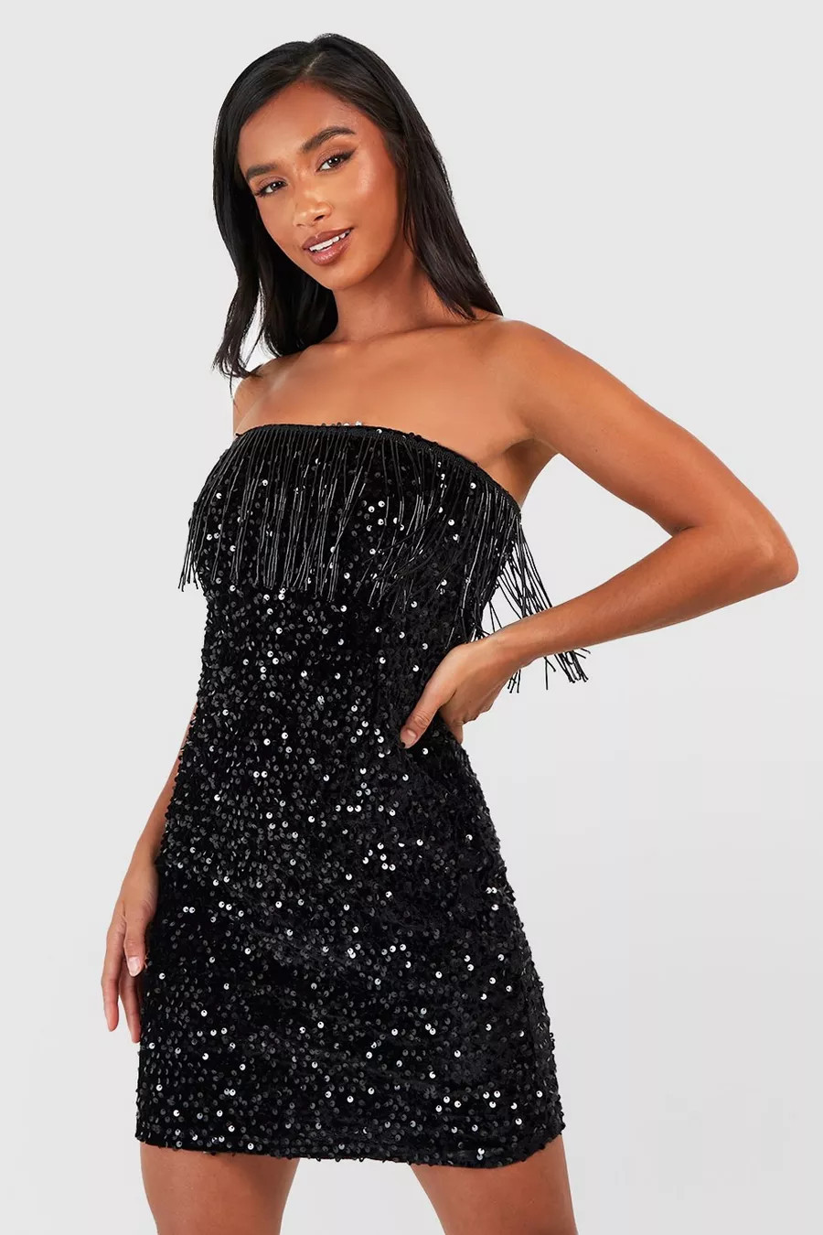 Petite Beaded Tassel Velvet Sequin Mini Dress | boohoo (US & Canada)