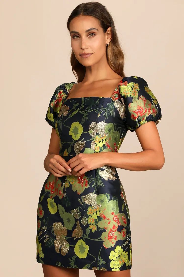 So Stunning Navy Blue Floral Jacquard Puff Sleeve Mini Dress | Lulus