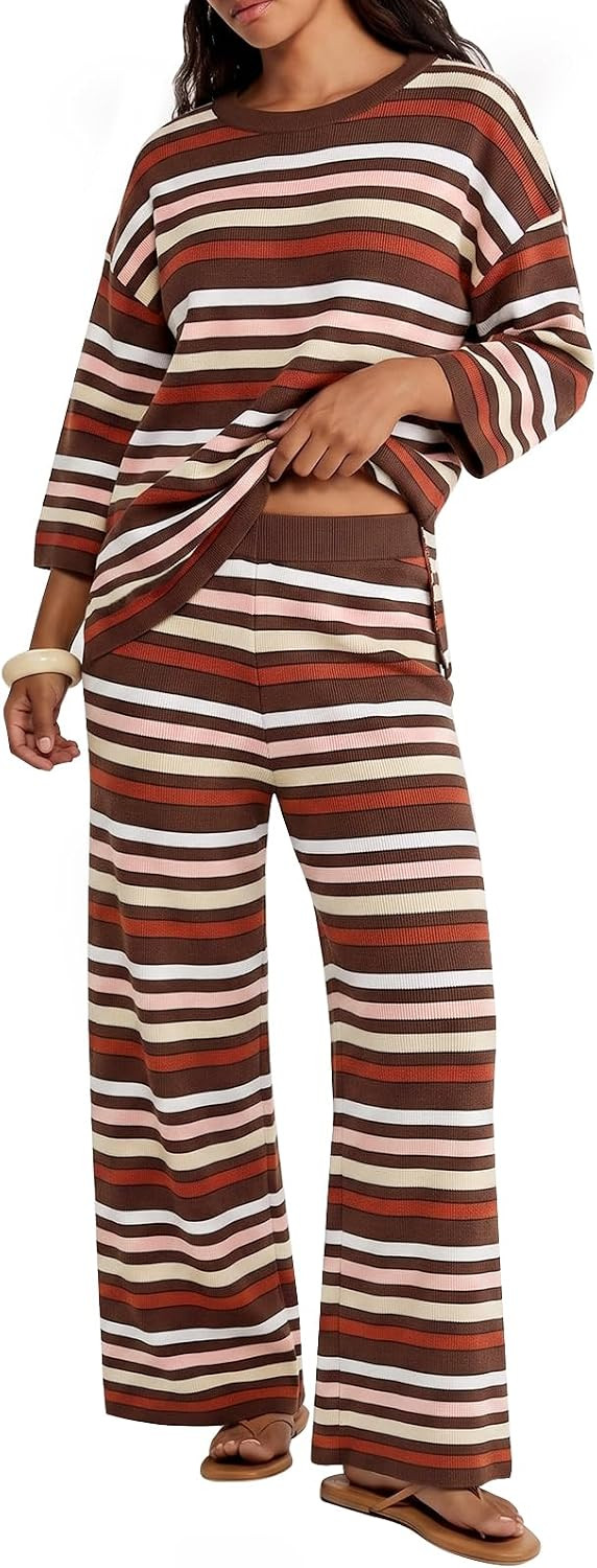 Tankaneo Womens Striped 2 Piece Sets Oversized Sweater and Wide Leg Pants | Amazon (US)