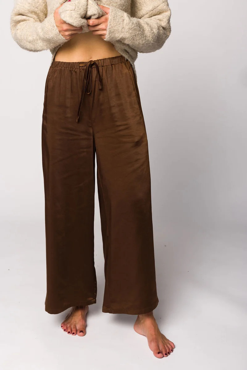 Mari Wide Leg Satin Pants in Cacao | Worth Collective