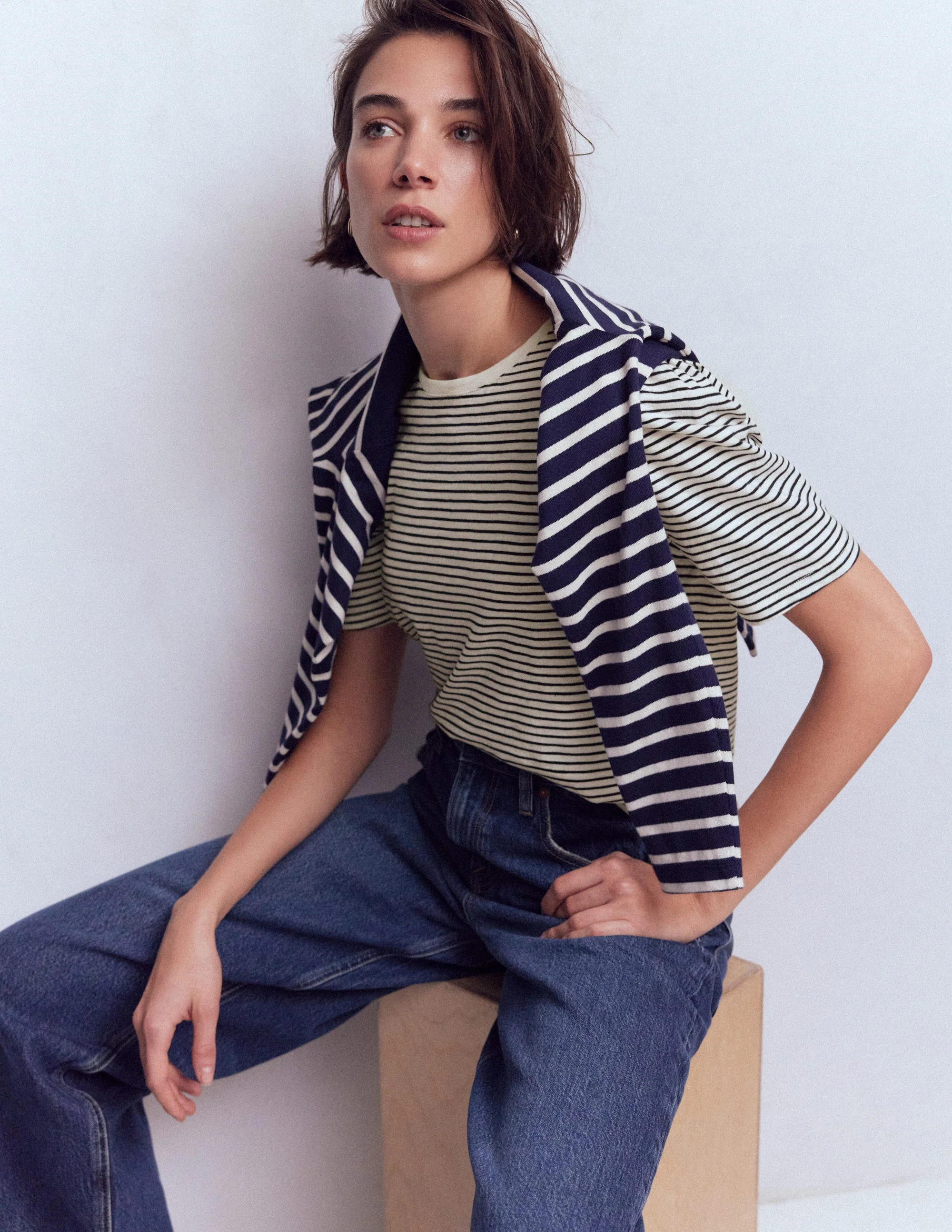 Pleat Sleeve T-shirt-Navy and Ivory Stripe | Boden (US)