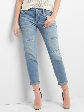 Gap Womens Mid Rise Relaxed Boyfriend Patch Jeans Medium Indigo Size 24 | Gap US