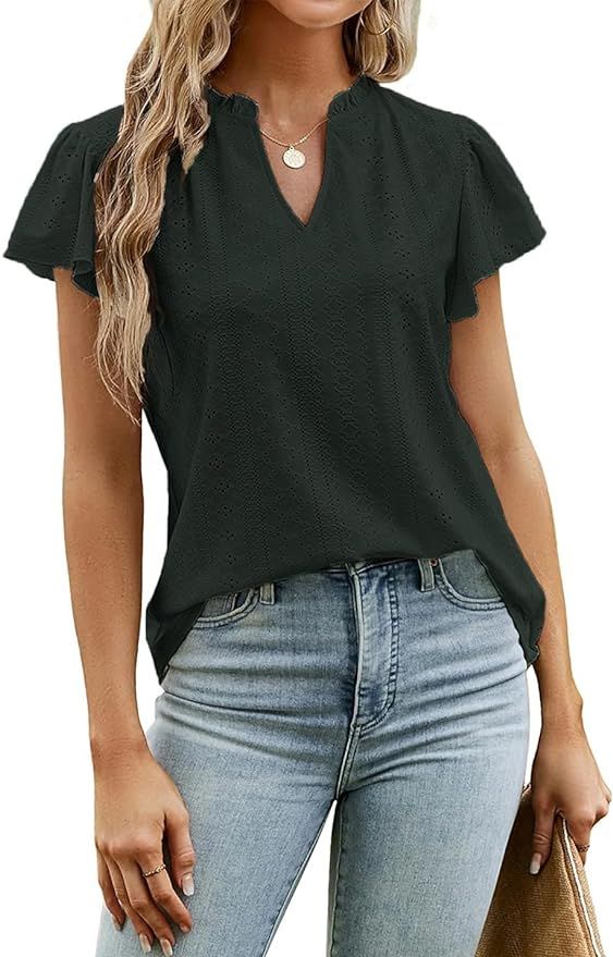 Womens Tshirts V Neck Ruffle Sleeve Summer Casual Blouses Tops | Amazon (US)