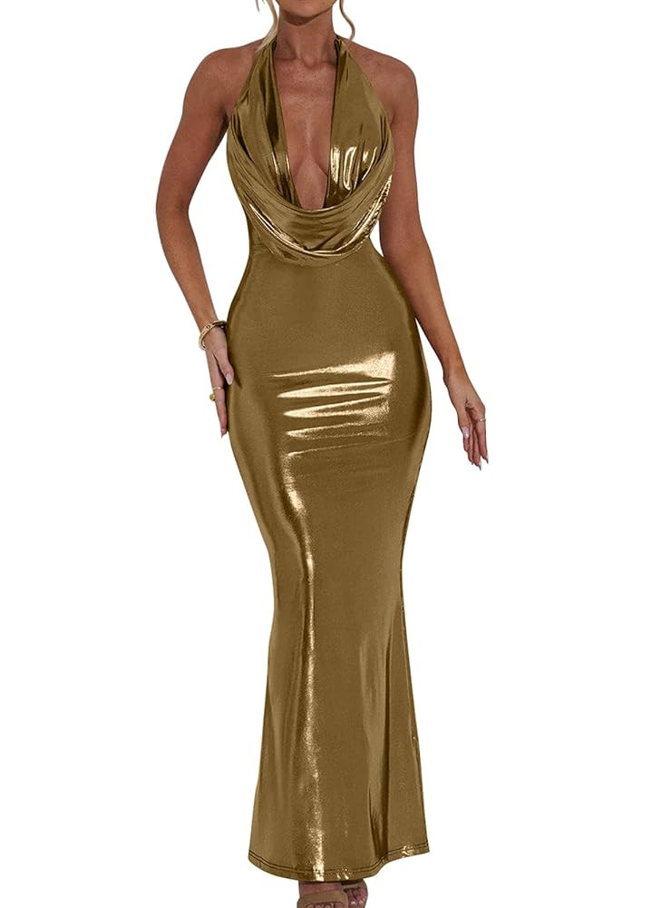 Memoriesea Women's Luxury Metallic Halter Neck Bodycon Party Evening Gown Maxi Dress | Amazon (US)
