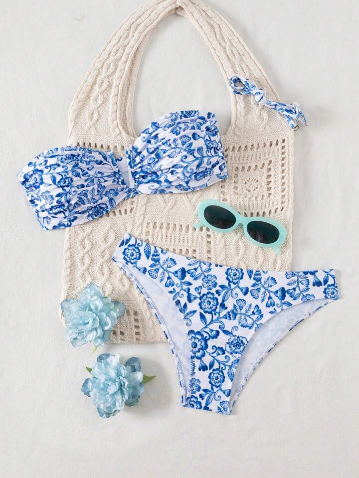 Swim Mod 2Pcs Women's Printed Cutout Bandeau With Adjustable Strap & Triangle Bikini Swimsuit, Beach Vacation | SHEIN