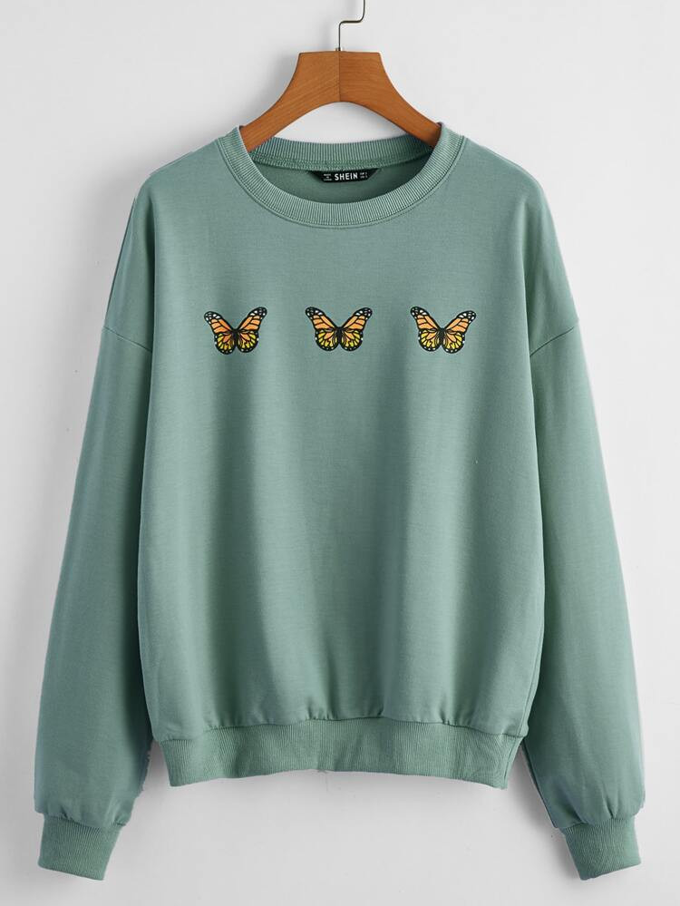 SHEIN Butterfly Print Drop Shoulder Pullover | SHEIN