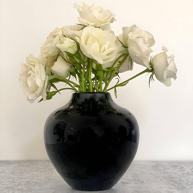 Willowy 5 Inch Round Black Ceramic Vase with Glossy Finish - Modern Vase for Flowers, Home Decor | Amazon (US)