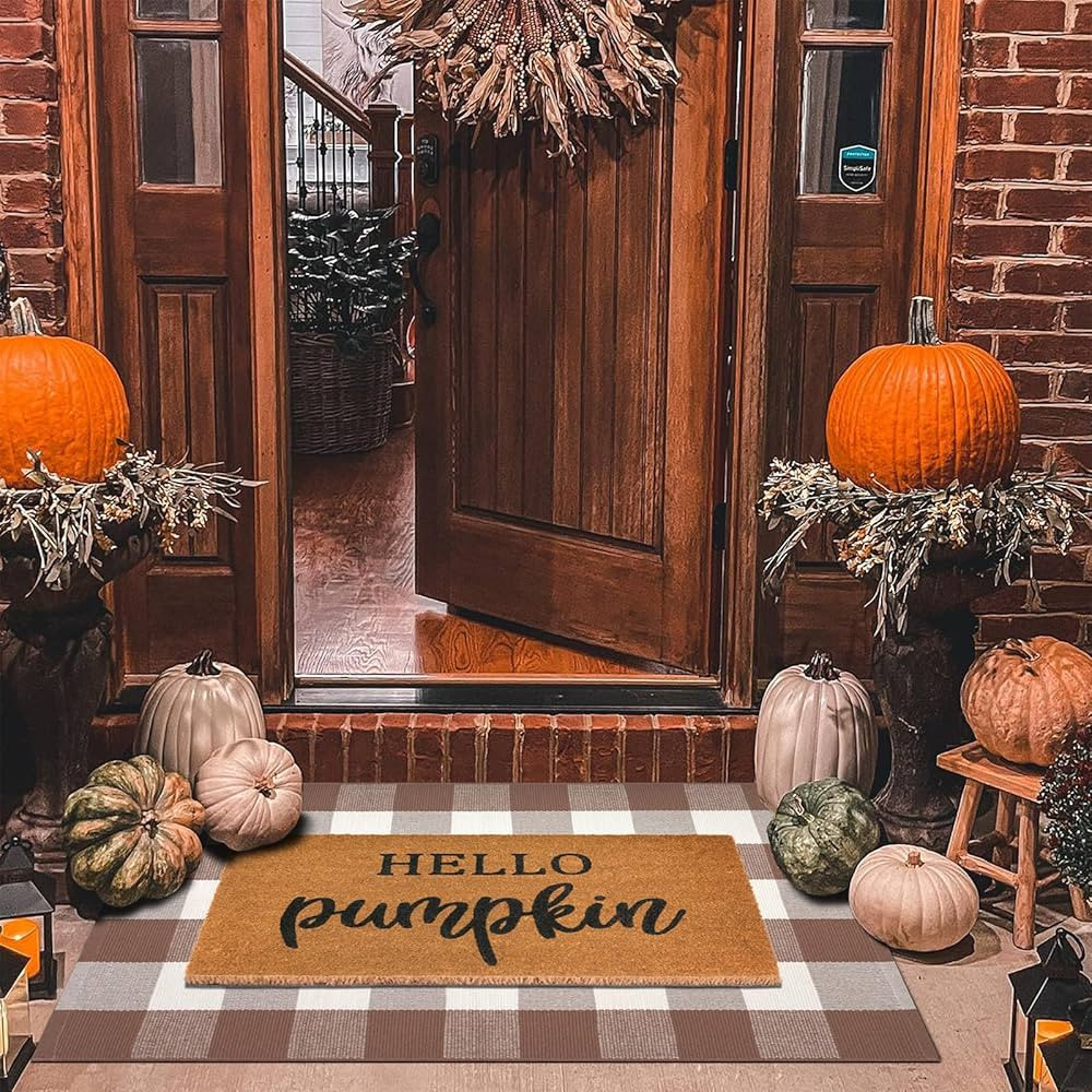 Fall Decor Door Mat Combo Set, 100% Coco Coir Welcome Mat + 28 x 43 Inches Coffee and White Plaid... | Amazon (US)