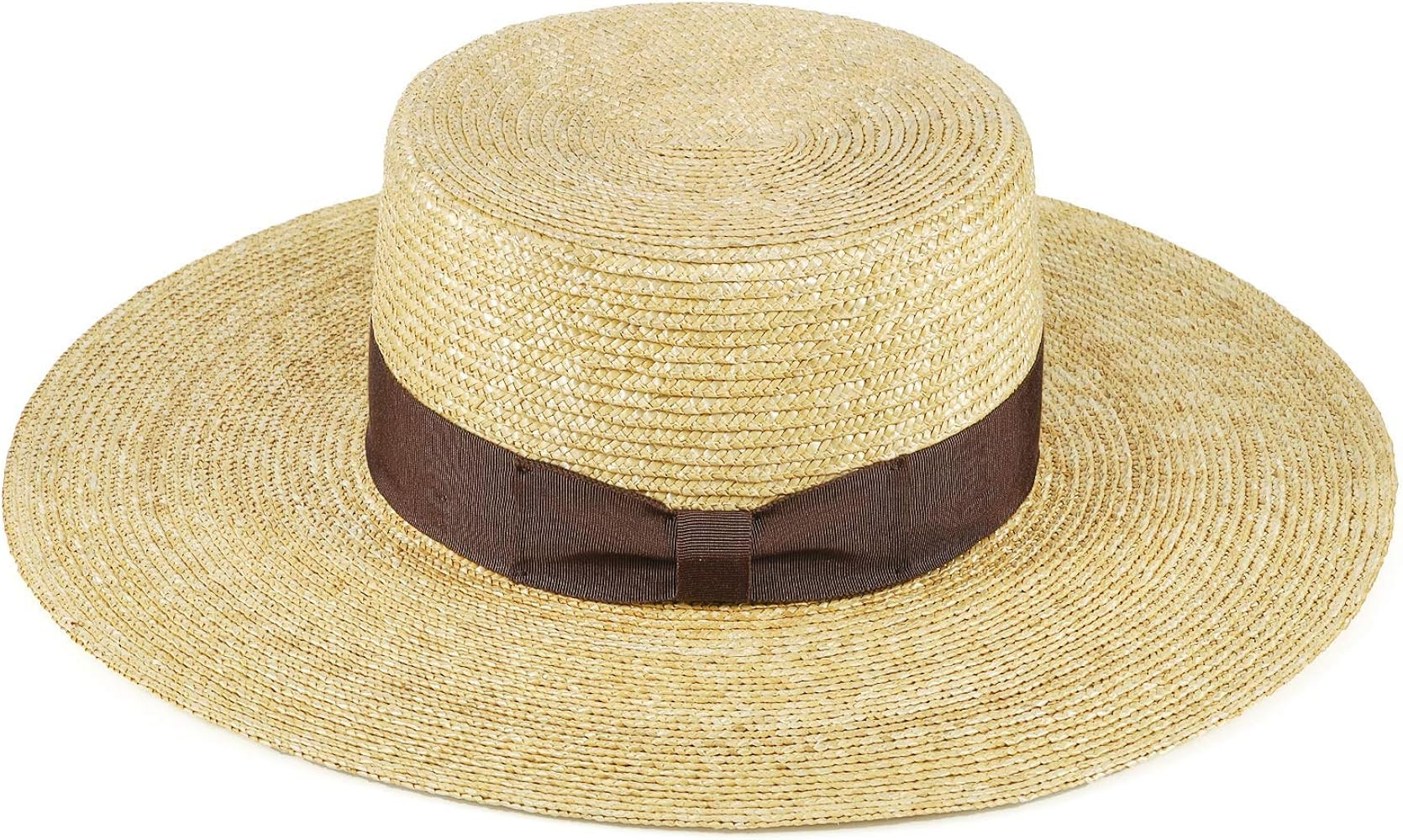 Straw Beach Hat Sun Hat for Women Flat Top Classic Boater Hat with Grosgrain Ribbon | Amazon (US)