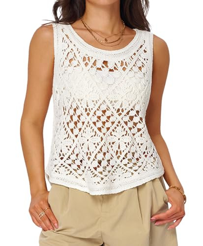 Floral Crochet Tops for Women Trendy Summer Boho Tops Sleeveless Tank Tops Loose Fit Crop Vacatio... | Amazon (US)