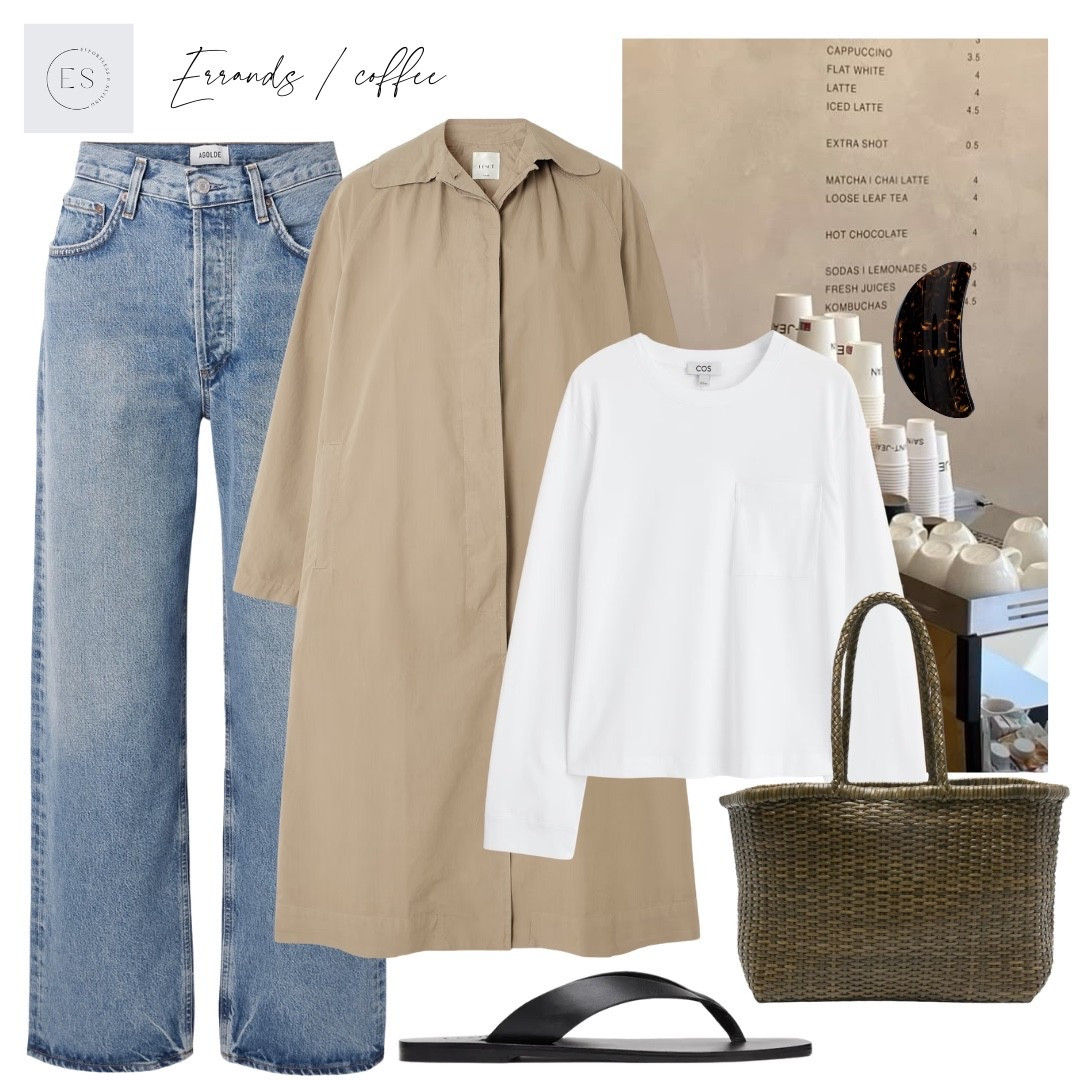 Casual Spring outfit. 

Blue straight leg jeans, white long sleeve t-shirt, minimal beige trench coat, black leather flip flops, khaki green woven leather bag, brown tortoiseshell curved claw hair clip. 

#LTKspring #LTKstyletip #LTKuk