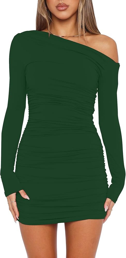 Mokoru Women's Sexy Elegant Off Shoulder Long Sleeve Ruched Bodycon Cocktail Party Mini Dresses | Amazon (US)