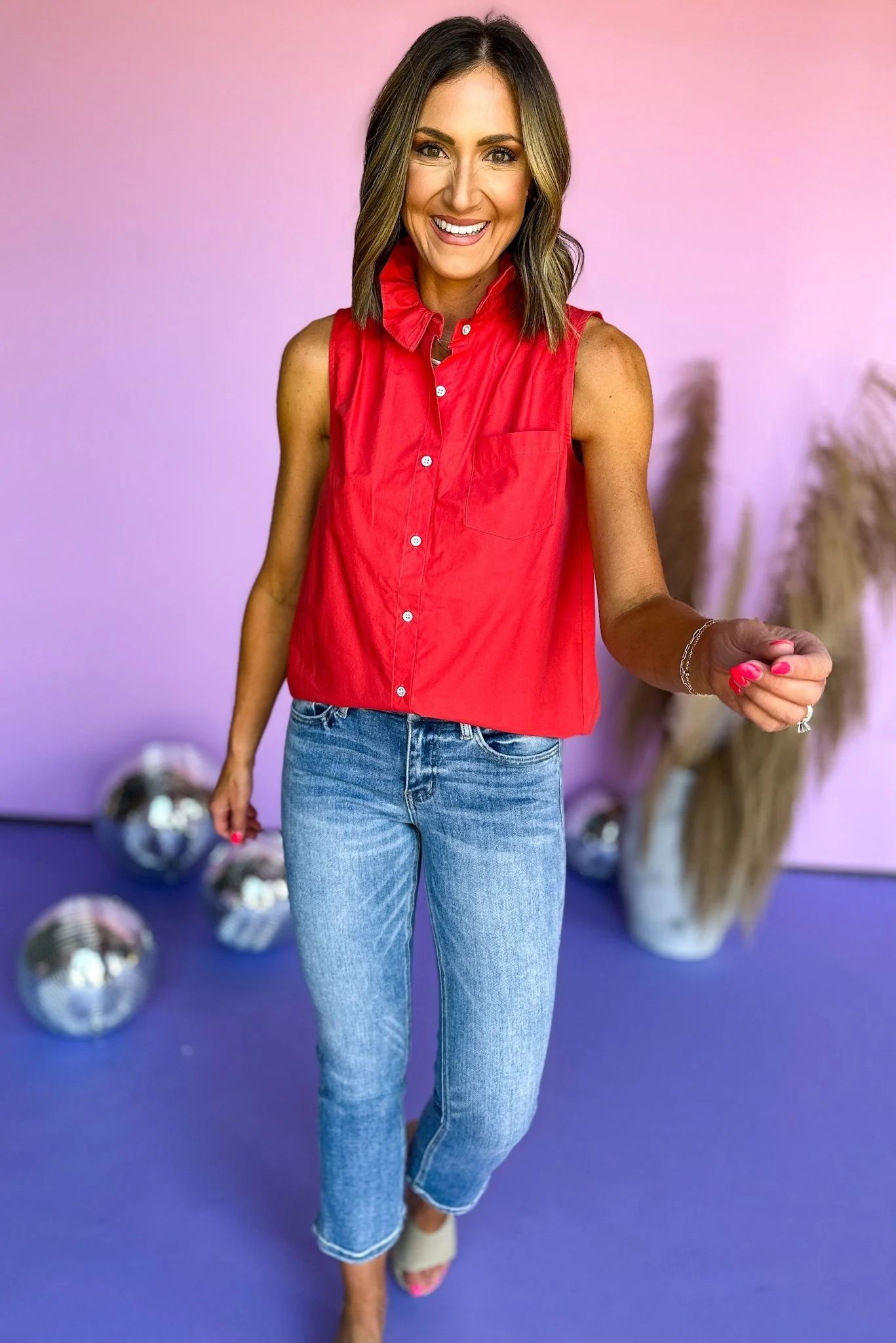 SSYS Red Sleeveless Ruffle Collar Poplin Top | Shop Style Your Senses