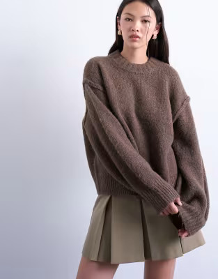 Topshop knitted wool blend fluffy exposed seam easy jumper in brown | ASOS | ASOS (Global)