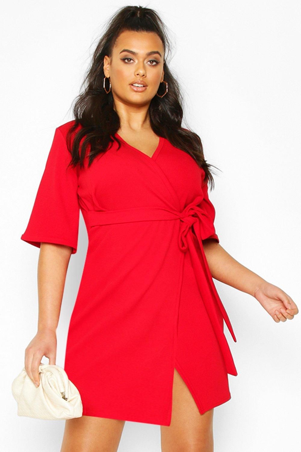 Womens Plus Wrap Self Belted Dress - Red - 14 | Boohoo.com (US & CA)