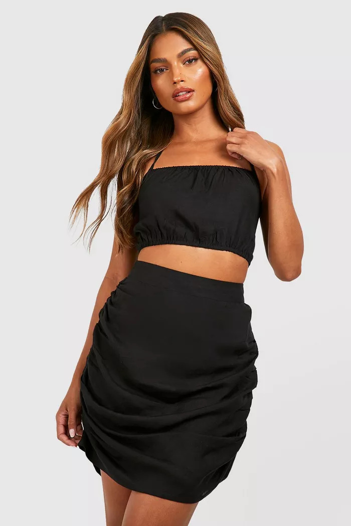 Linen Ruched Halter Bralette & Mini Skirt | boohoo (US & Canada)