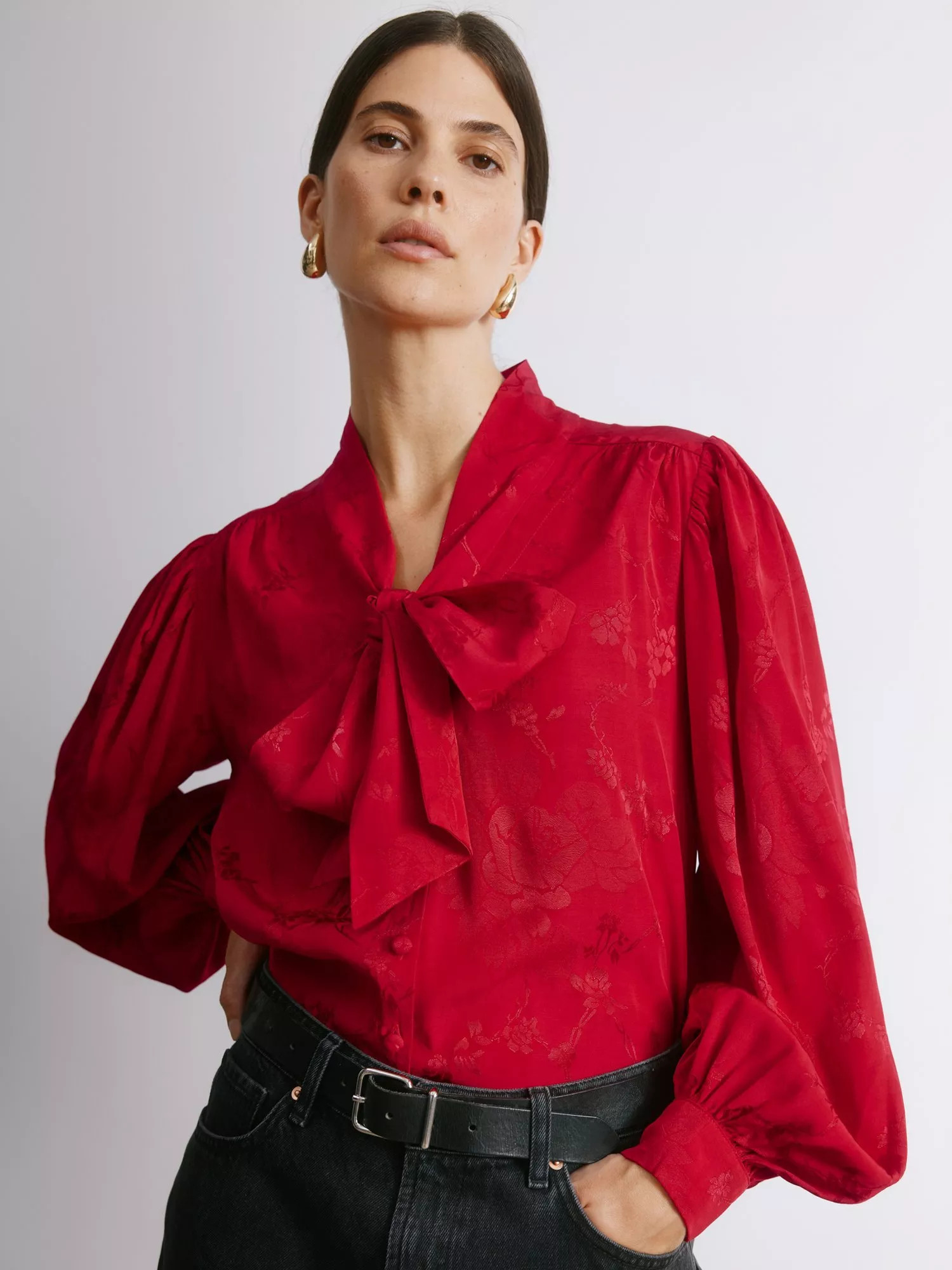 Albaray Jacquard Tie Neck Blouse, Red | John Lewis (UK)
