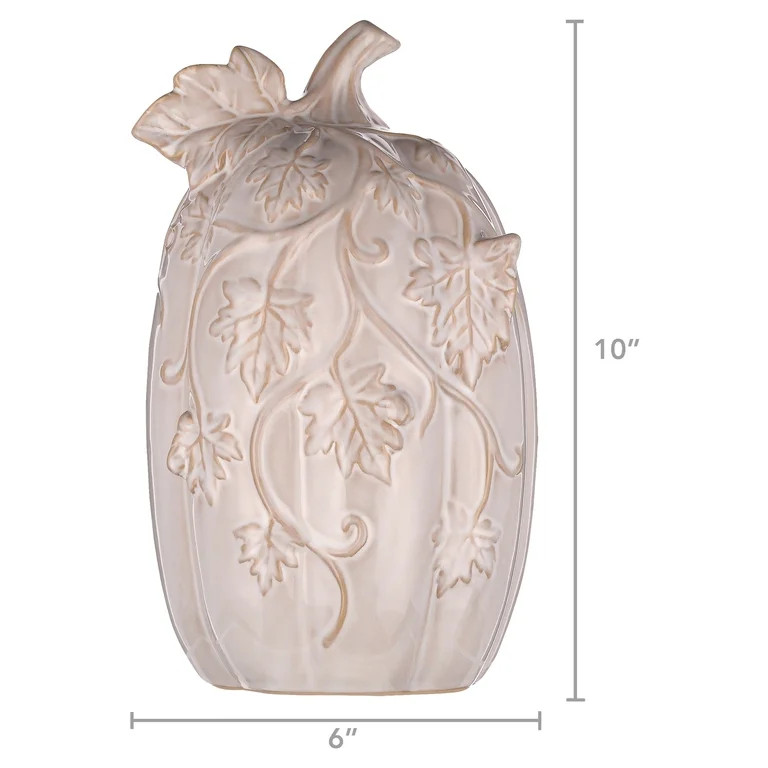 My Texas House Tall Ceramic Pumpkin with Vine Accents Tabletop Decoration, White, 10" | Walmart (US)