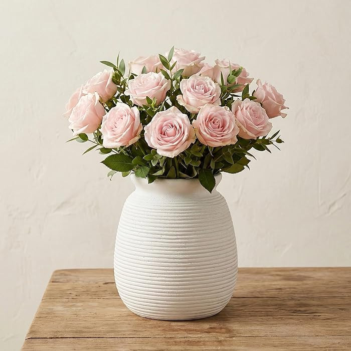 White Ceramic Flower Vase - 7.48 Inch Vintage Farmhouse Wide Mouth Vase Ceramic Vase for Home Dec... | Amazon (US)