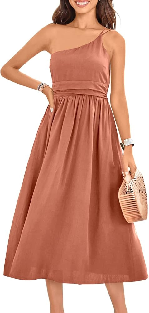ANRABESS Women's Summer Straps Sundress One Shoulder Sleeveless Pleated High Waist A-Line Flowy Midi | Amazon (US)