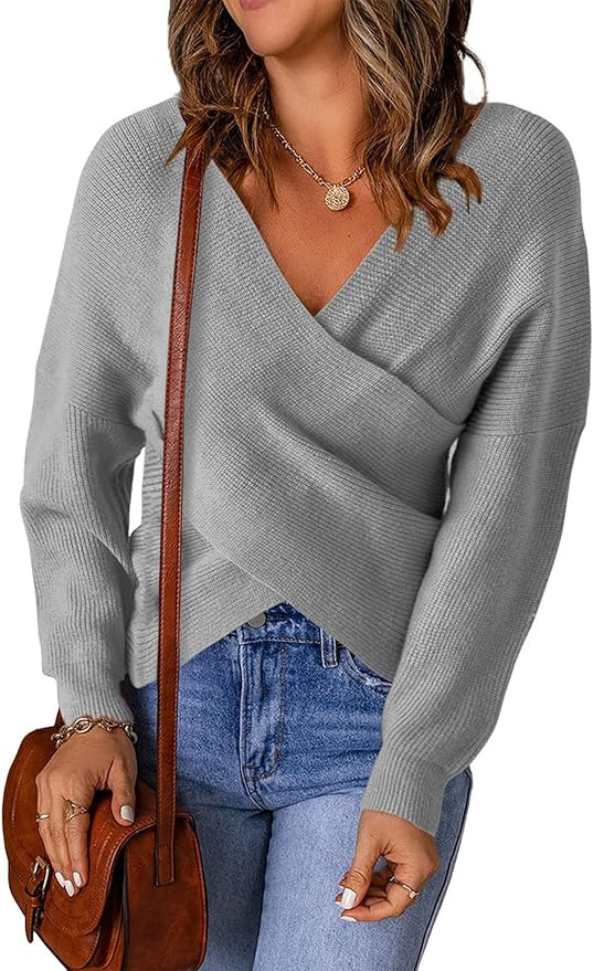 KIRUNDO Women's Long Sleeve Cross Wrap V Neck Knit Sweater Off Shoulder Backless Casual Solid Pul... | Amazon (US)