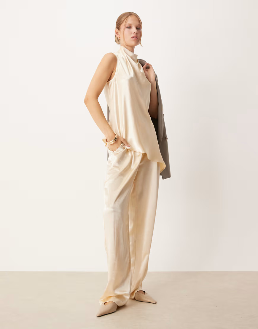 ASOS DESIGN tailored straight leg satin pants in ivory (Part of a set)-White | ASOS (Global)
