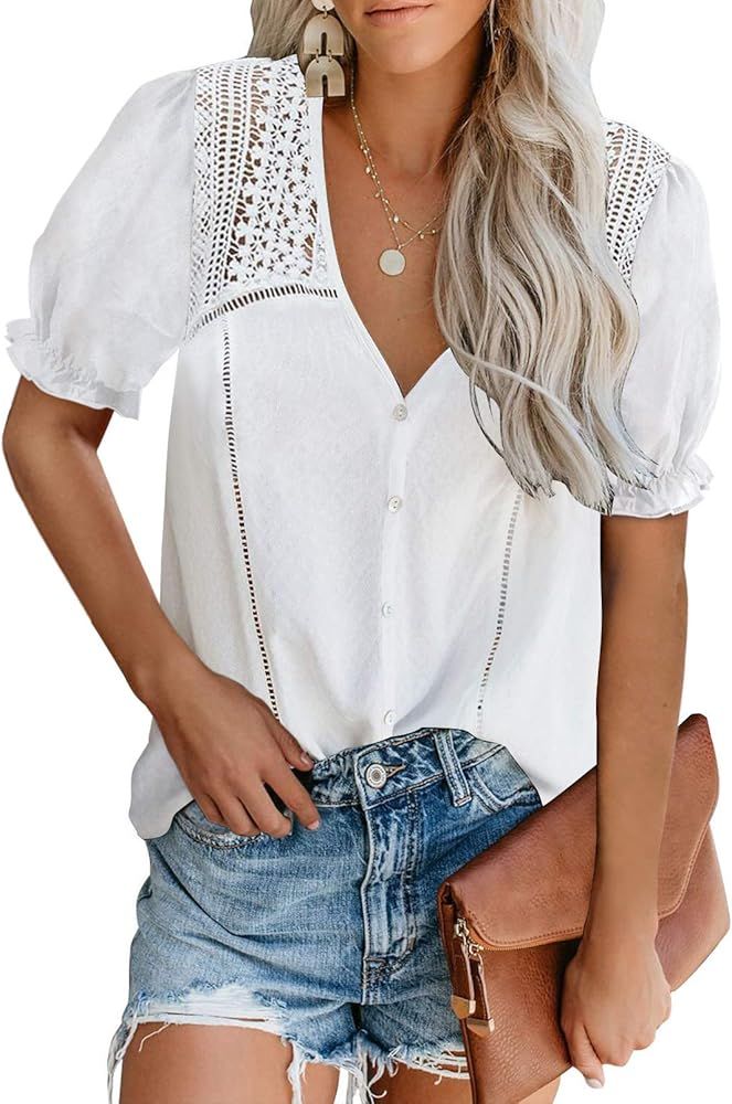 Aleumdr Women's Lace Crochet V Neck 3/4 Sleeve Button Down Blouses Casual Shirts Tops | Amazon (US)