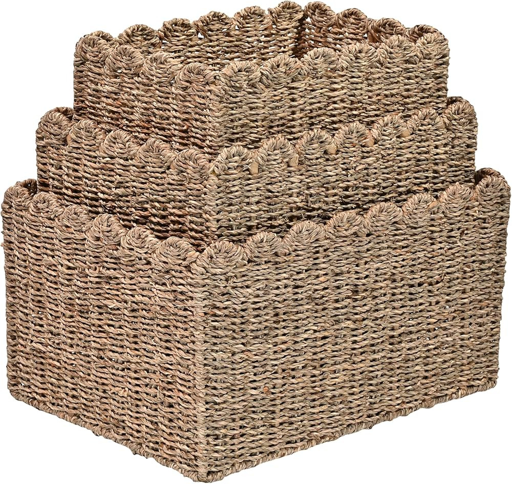 happimess BSK2013A-3SET Arden Coastal Cottage Seagrass Scalloped Rectangular Organizing Storage B... | Amazon (US)
