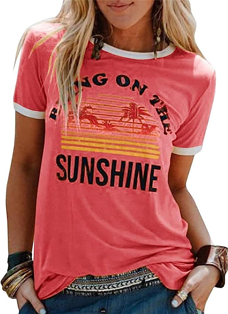 Umeko Womens Bring On The Sunshine Graphic Tees Letter Printed Casual Loose Summer T-Shirt | Amazon (US)