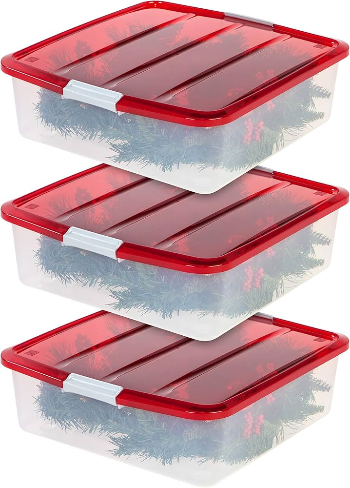 IRIS USA 33Qt. 3Pack Holiday Wreath Storage Container Box with Lid, Clear/Red | Amazon (US)