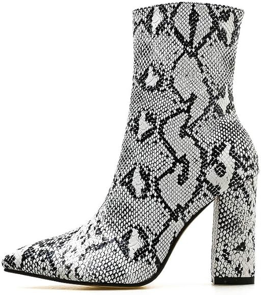 Womens Pointed Ankle Boots With Block Heels In Snake Print Bootie | Amazon (US)